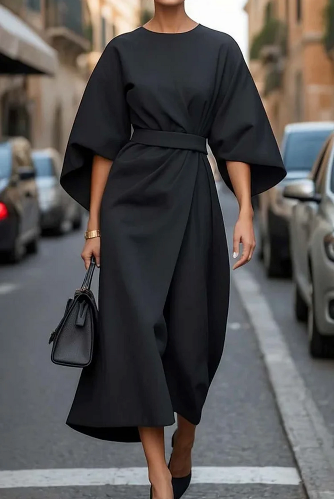 Damen Midikleid Annika mit Taillengürtel, elegantes Freizeit- & Businesskleid in zeitlosem Design.