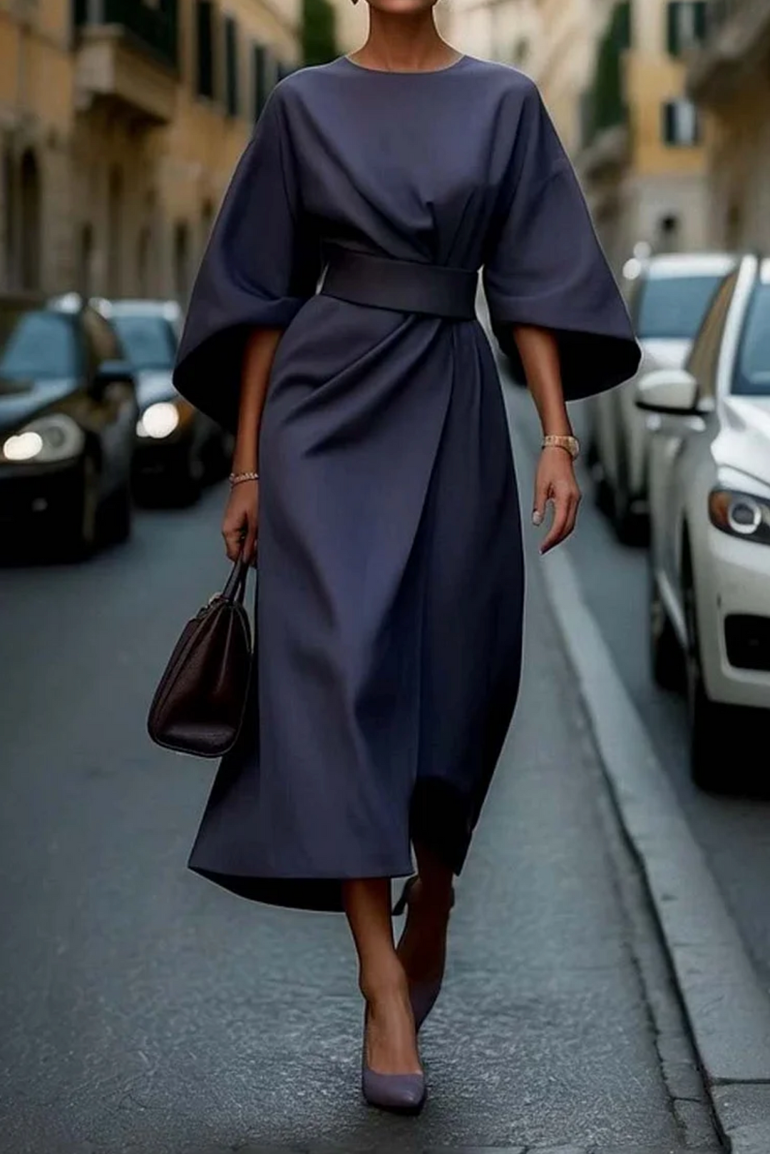 Feminin geschnittenes Damen Midikleid Annika, vielseitig für Sommer & Herbst, mit Taillengürtel.