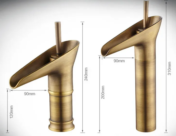 Antike Wasserfall Waschtischarmatur im Bronze-Look, rustikale Luxus Badarmatur.