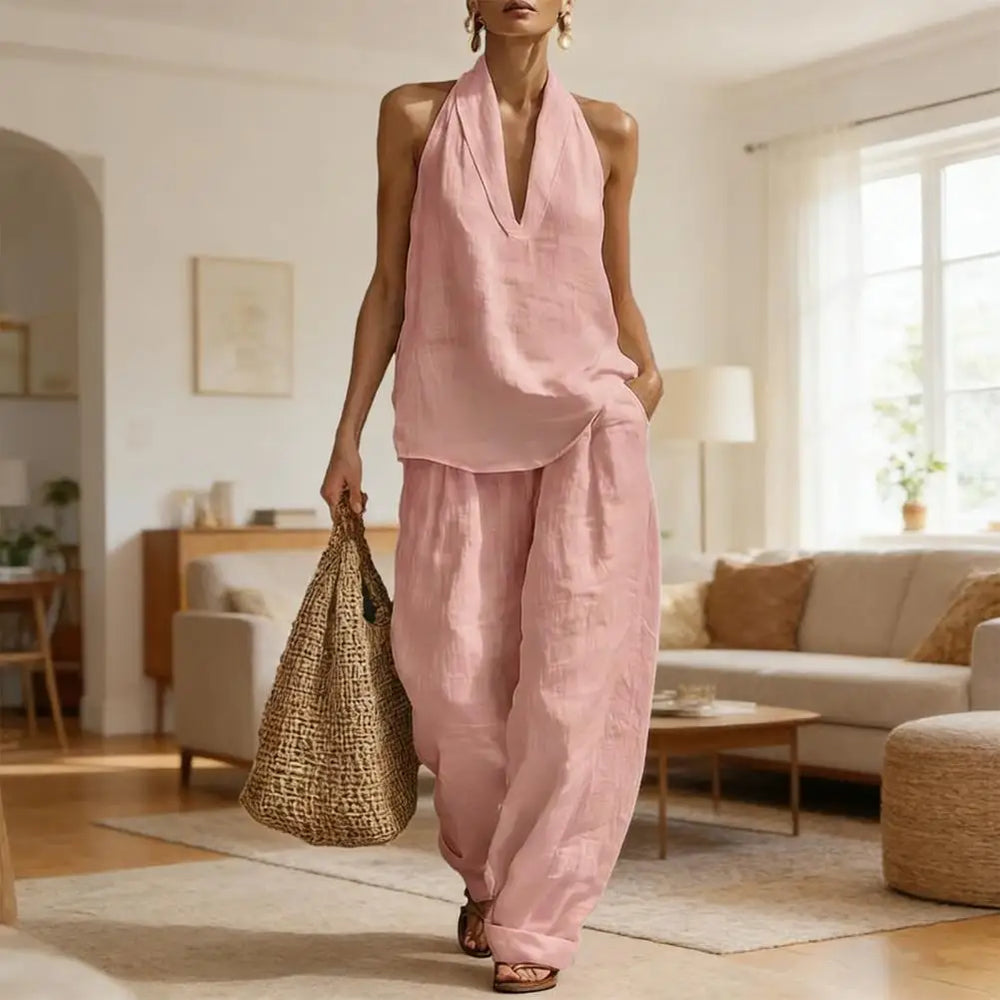 Komfortables Damen Zweiteiler Set mit V-Ausschnitt Oberteil & High-Waist Hose für Frühling & Sommer.