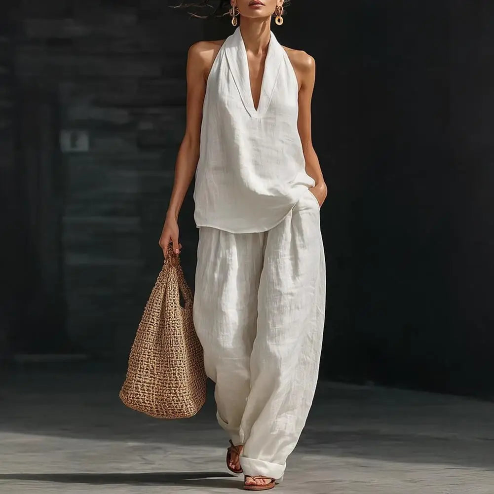 Damen Zweiteiler Set: elegantes V-Ausschnitt Top & Hose mit hohem Bund, ideal für Business & Freizeit.
