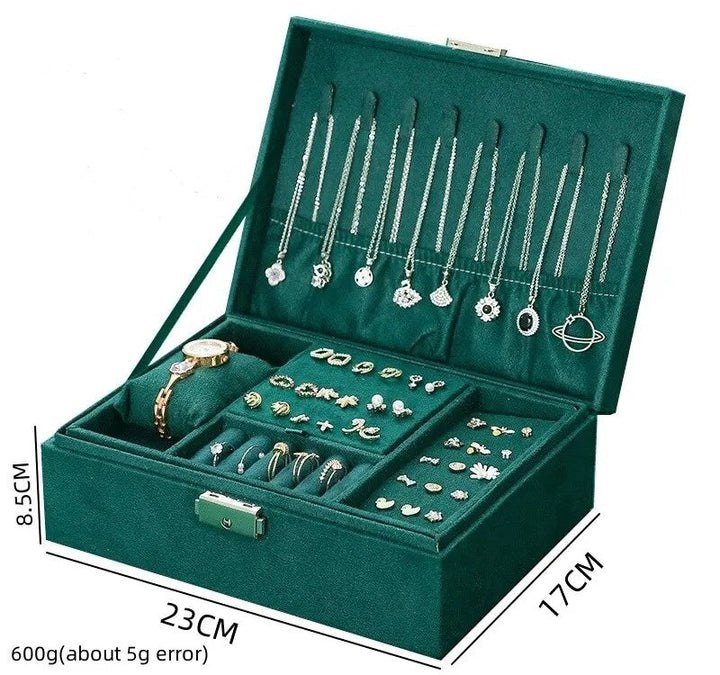 Samt-Schmuck-Organizer mit Schloss in luxuriösem Grün, perfekt als Uhrenbox und Schmuckkasten.