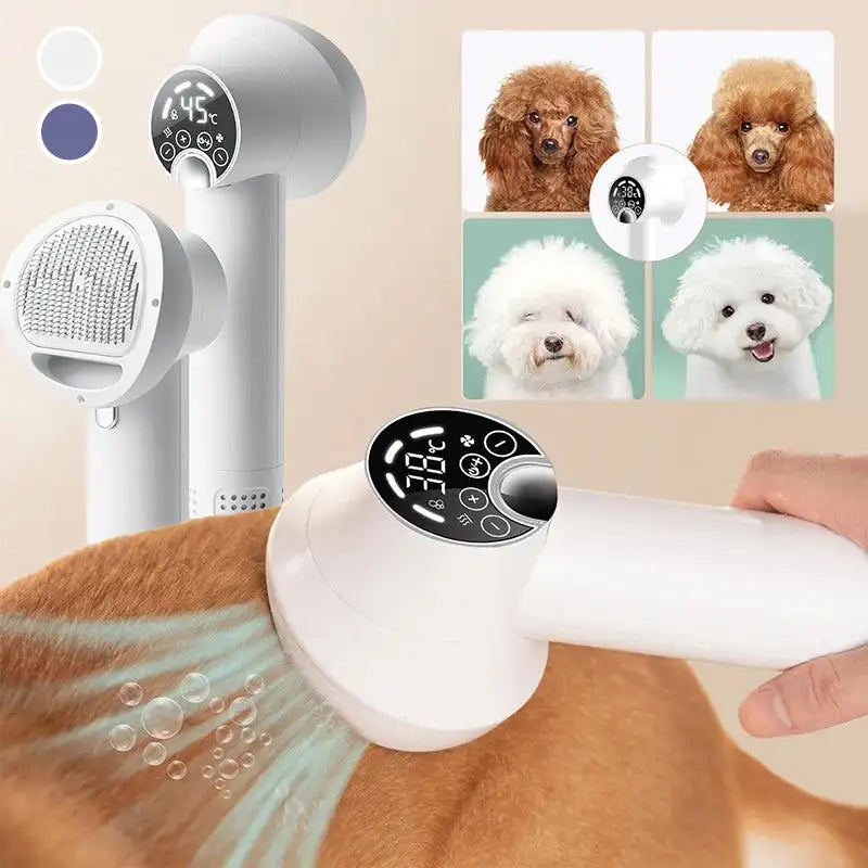 Leiser 2-in-1 Haartrockner und Bürste für Haustiere, ideal zur schonenden Fellpflege bei Hunden und Katzen.