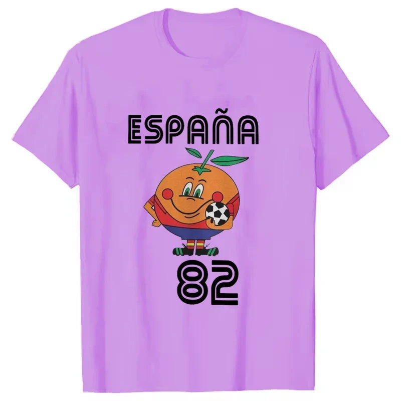 Kultiges Unisex T-Shirt, Naranjito Retro-Motiv von Spanien 82; stilvolles Kurzarm Shirt für Sport & Freizeit-Stil.