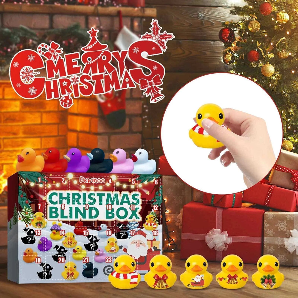 Offener Badeentchen Adventskalender 2024 zeigt eine lustige Weihnachtsente, tägliche Überraschung.