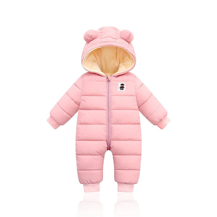 Idealer Baby Winter Strampler mit Kapuze & Bärenohren für die kalte Jahreszeit. Warmer & süßer Schneeanzug.