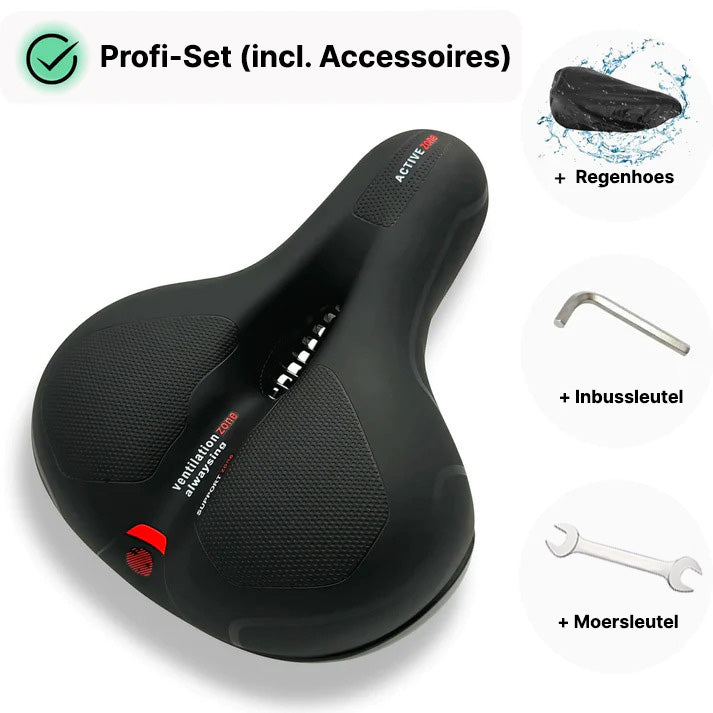 Hochwertiger Fahrradsattel in Rot & Blau, ergonomisch für lange Fahrten, komfortabel & langlebig.