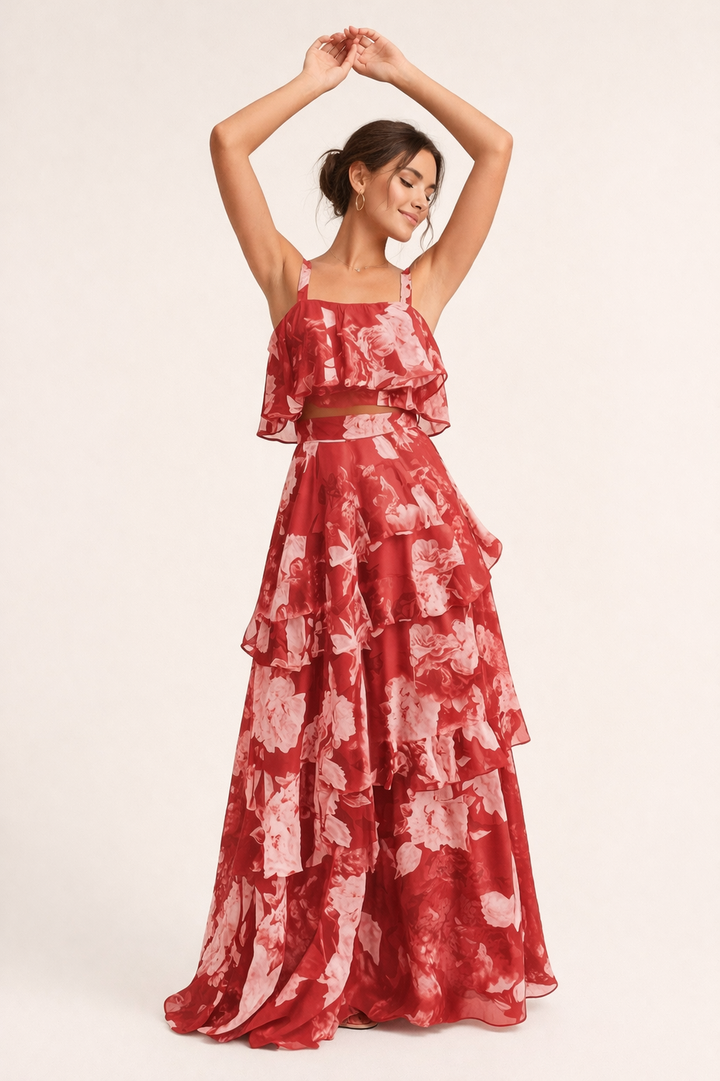 Damen geblümtes Sommer Set: luftiger Zweiteiler mit Blumenmuster. Ideal für Urlaub & Freizeit.