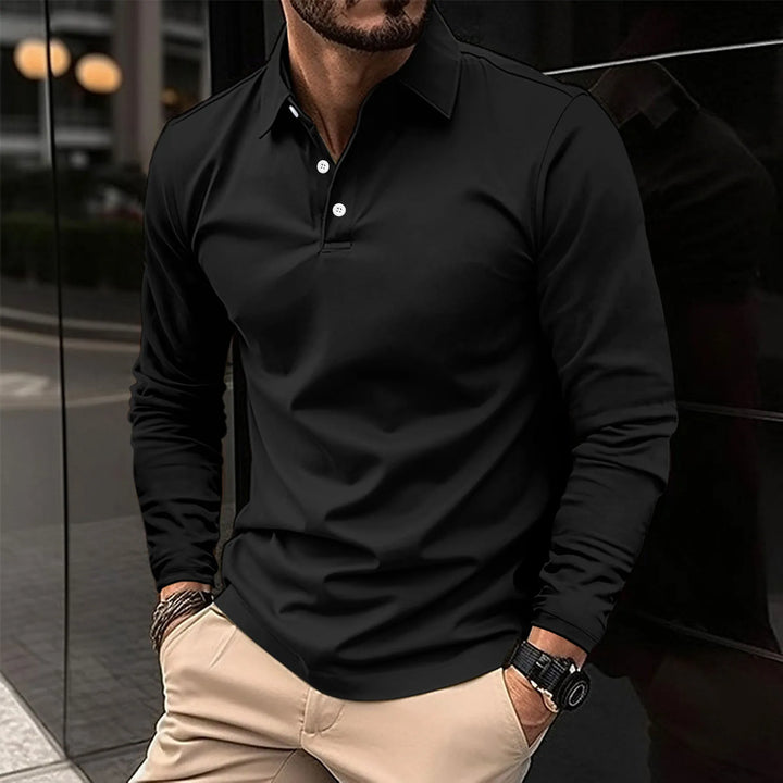 Detailaufnahme: Hochwertiges Herren Langarm-Poloshirt, klassisch mit Kragen.