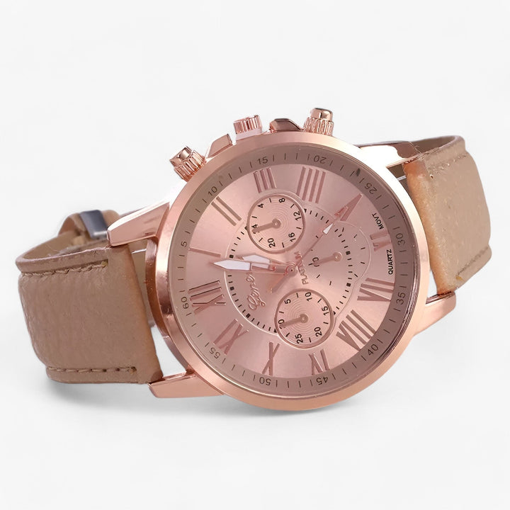 Geschenkidee: Elegante, wasserdichte Damenarmbanduhr "Camille" mit bequemem Lederarmband.