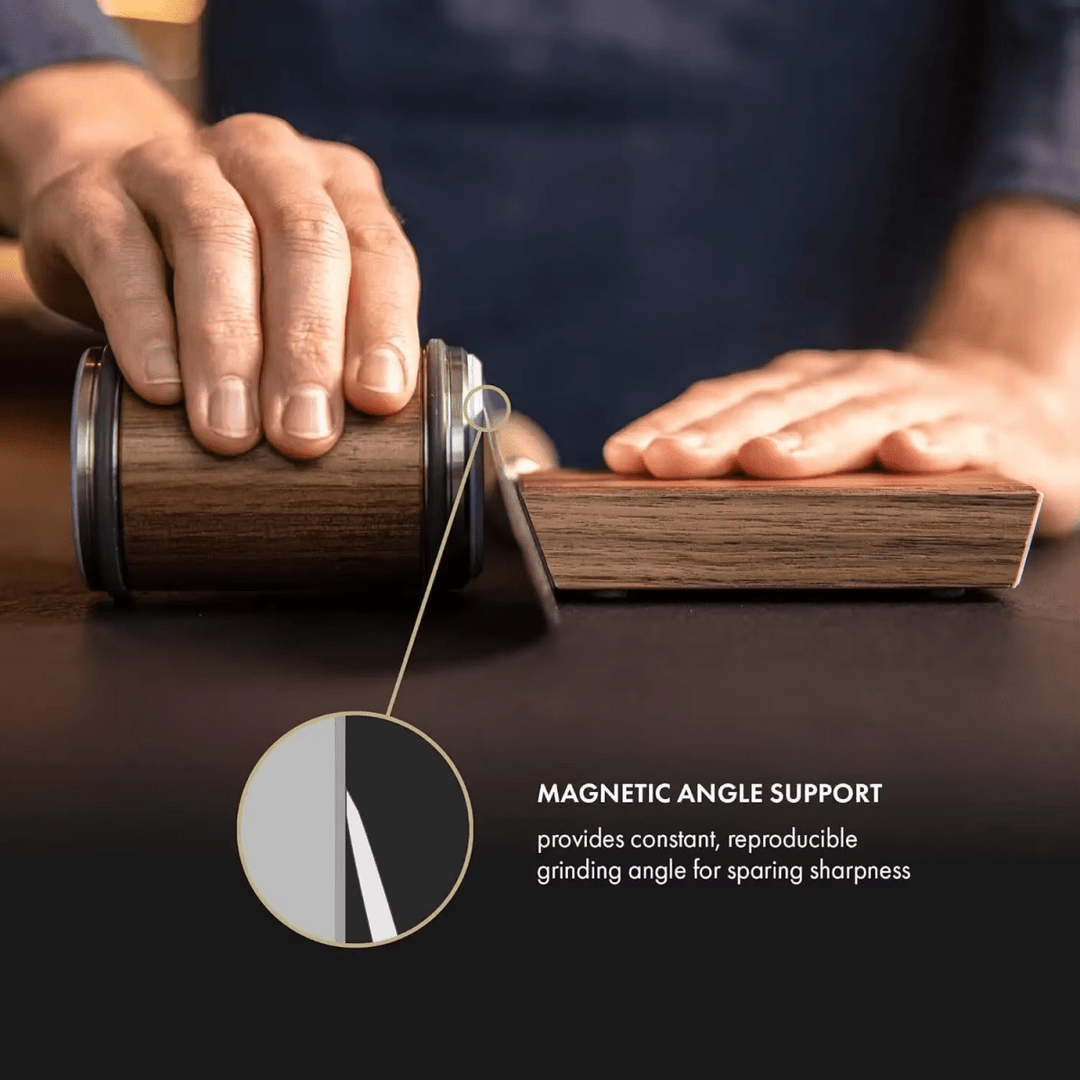 Rollender Messerschärfer mit Diamant-Schleifrolle und Winkelhilfe für extrem scharfe Küchenmesser.