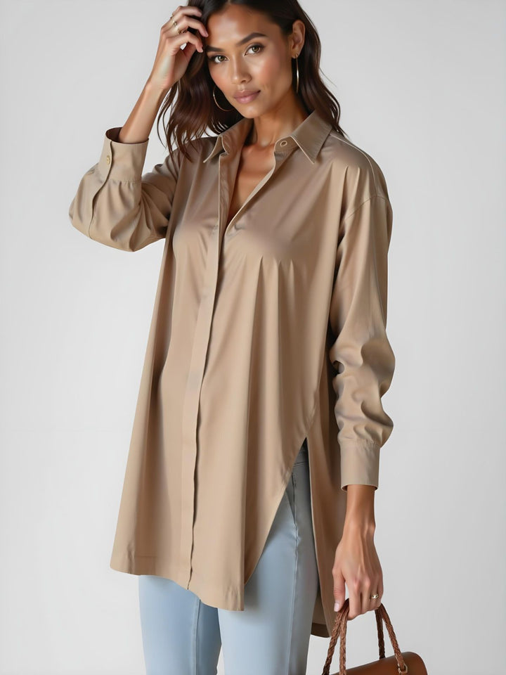 Elegantes, minimalistisches Langarm-Hemdkleid für Damen, Oversize-Passform & dezenter Seitenschlitz.