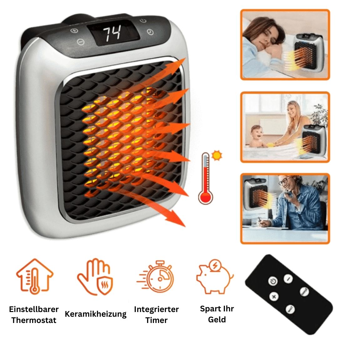 Kompakter, tragbarer HeatPulse Heizlüfter in modernem Design für schnelle, energieeffiziente Wärme im Homeoffice.