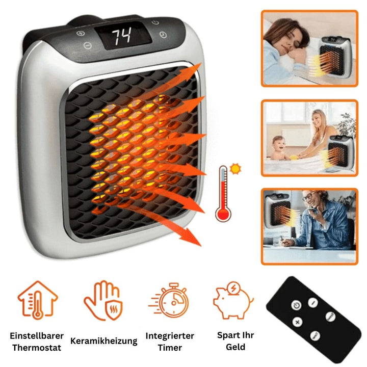 Kompakter, tragbarer HeatPulse Heizlüfter in modernem Design für schnelle, energieeffiziente Wärme im Homeoffice.