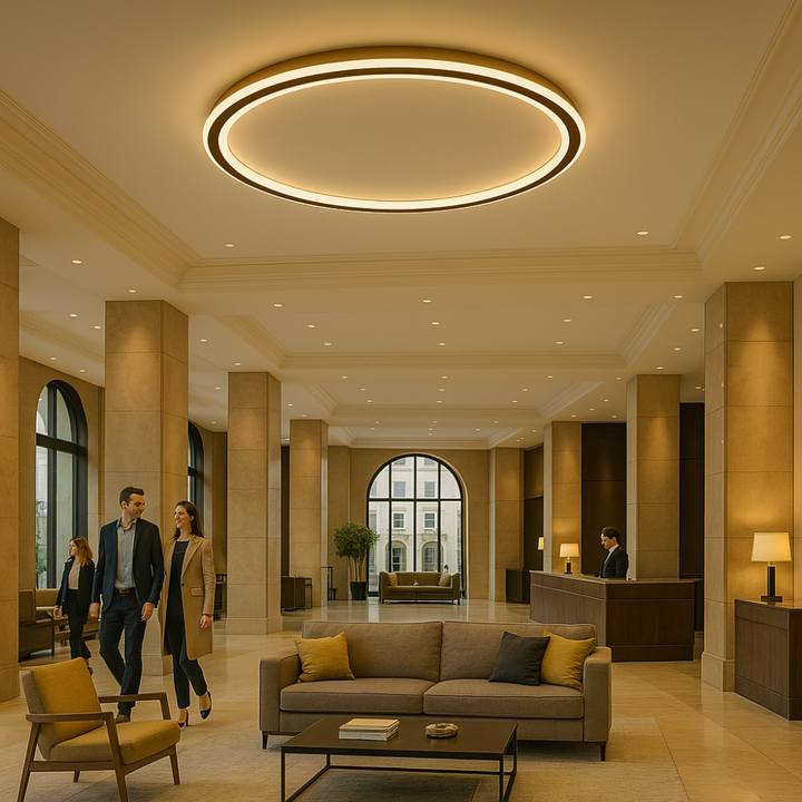Helle runde LED Deckenleuchte, dimmbar, im modernen skandinavischen Look.
