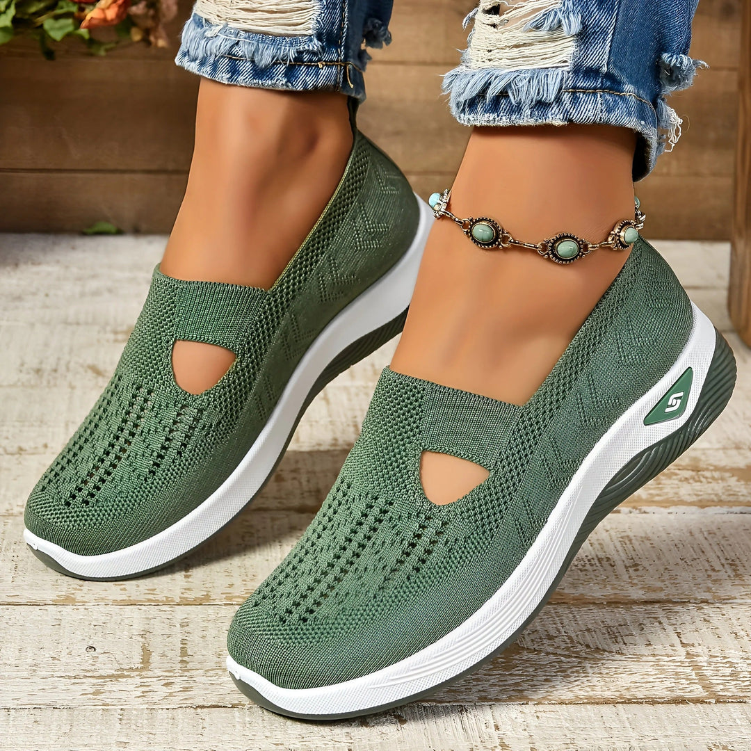 Grüne Damen Orthopädische Slip-On Schuhe mit leichter Unterstützung, ideal als bequeme Freizeitschuhe für Alltag.