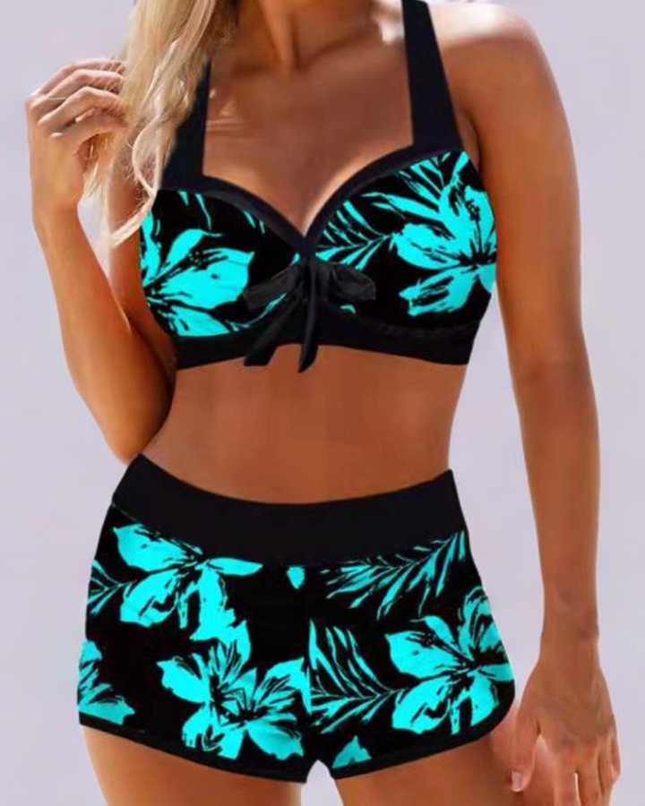 Damen Bikini Set mit hohem Bund, floralem Blumenmuster. Perfekte Bademode für Strand, Pool & Sommerurlaub.