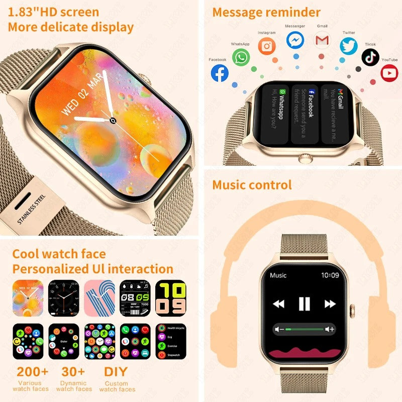 Nahaufnahme der StyleTrack Smartwatch am Damenhandgelenk, zeigt Uhrzeit und wichtige Fitnessdaten an.