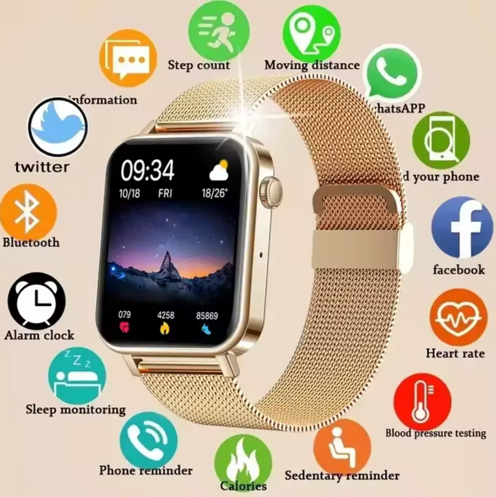 Gesundheits-Tracker StyleTrack für Damen, misst Schlaf, Kalorien und Schritte, elegant am Handgelenk getragen.