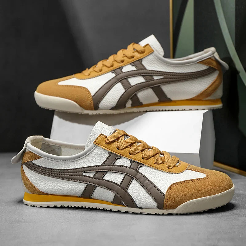 Sportliche Herren Sneaker in Gelb mit markanten Kontraststreifen im Retro-Look. Komfortable Schuhe.
