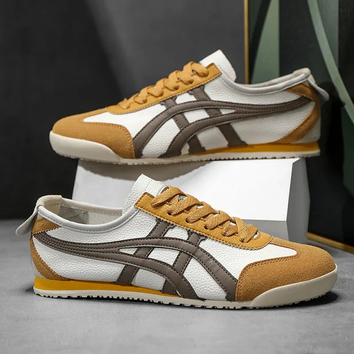 Sportliche Herren Sneaker in Gelb mit markanten Kontraststreifen im Retro-Look. Komfortable Schuhe.