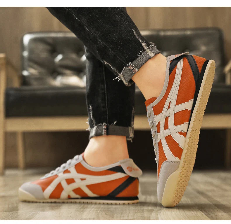 Vintage Stil Herren Alltagsschuhe, Retro Sneaker in Blau-Gelb mit Kontraststreifen für Komfort.