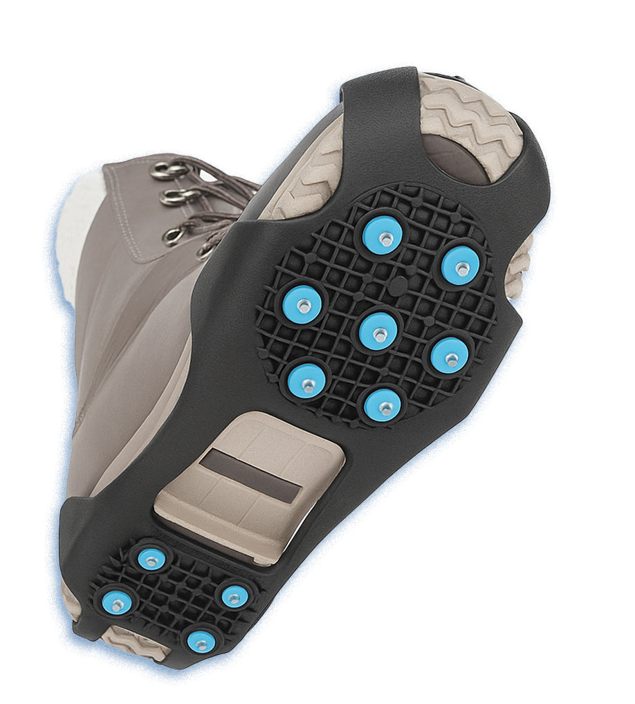 Detailansicht der schwarzen Schuhspikes mit scharfen Spikes für maximalen Grip auf Eis.