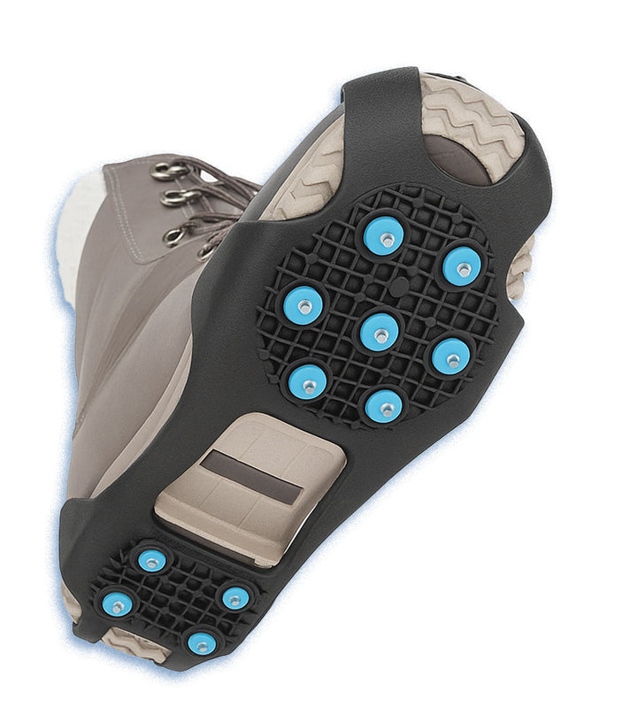 Detailansicht der schwarzen Schuhspikes mit scharfen Spikes für maximalen Grip auf Eis.