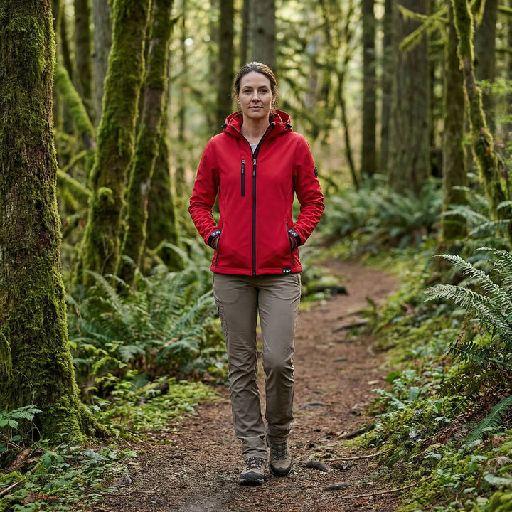 Komfortable Damen Softshelljacke mit Windschutz & Kapuze. Perfekt für Outdoor-Aktivitäten und Alltag im Frühling & Herbst.