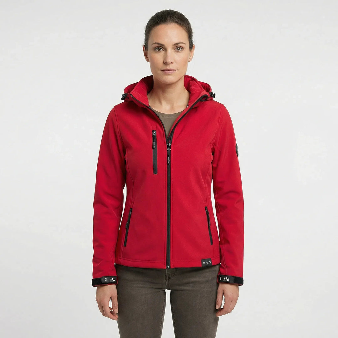 Winddichte Outdoor-Damen Softshelljacke mit Kapuze. Optimaler Schutz für Sport, Wandern und Freizeit bei Übergangswetter.