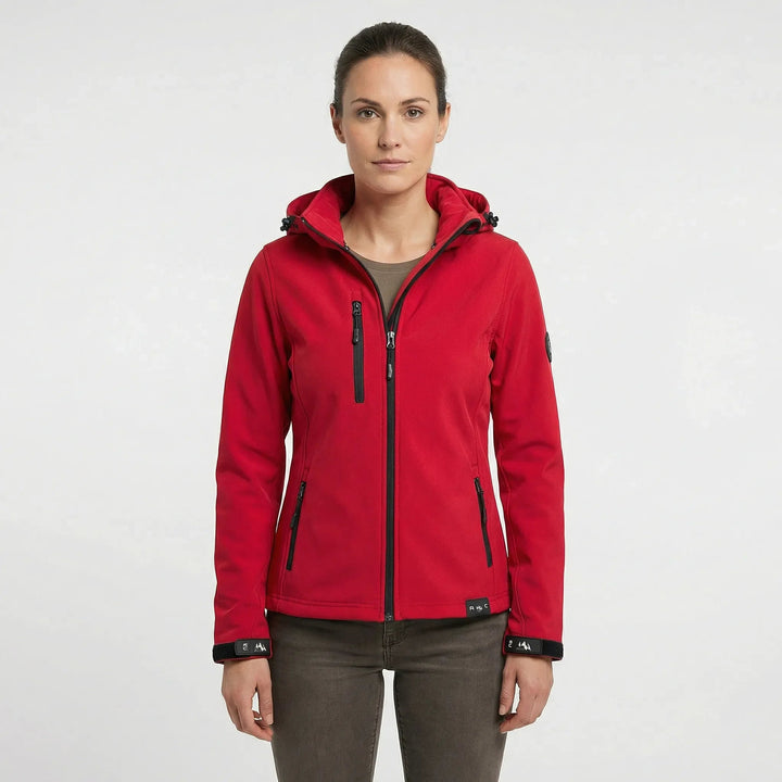 Winddichte Outdoor-Damen Softshelljacke mit Kapuze. Optimaler Schutz für Sport, Wandern und Freizeit bei Übergangswetter.
