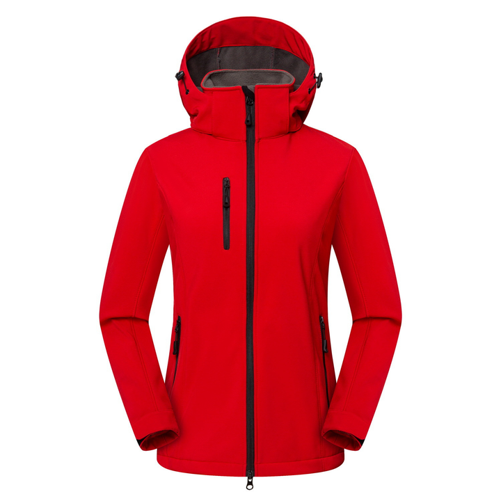 Moderne Damen Softshelljacke mit Kapuze und Windschutz, ideal als Übergangsjacke für Sport & Freizeit im Frühling/Herbst.