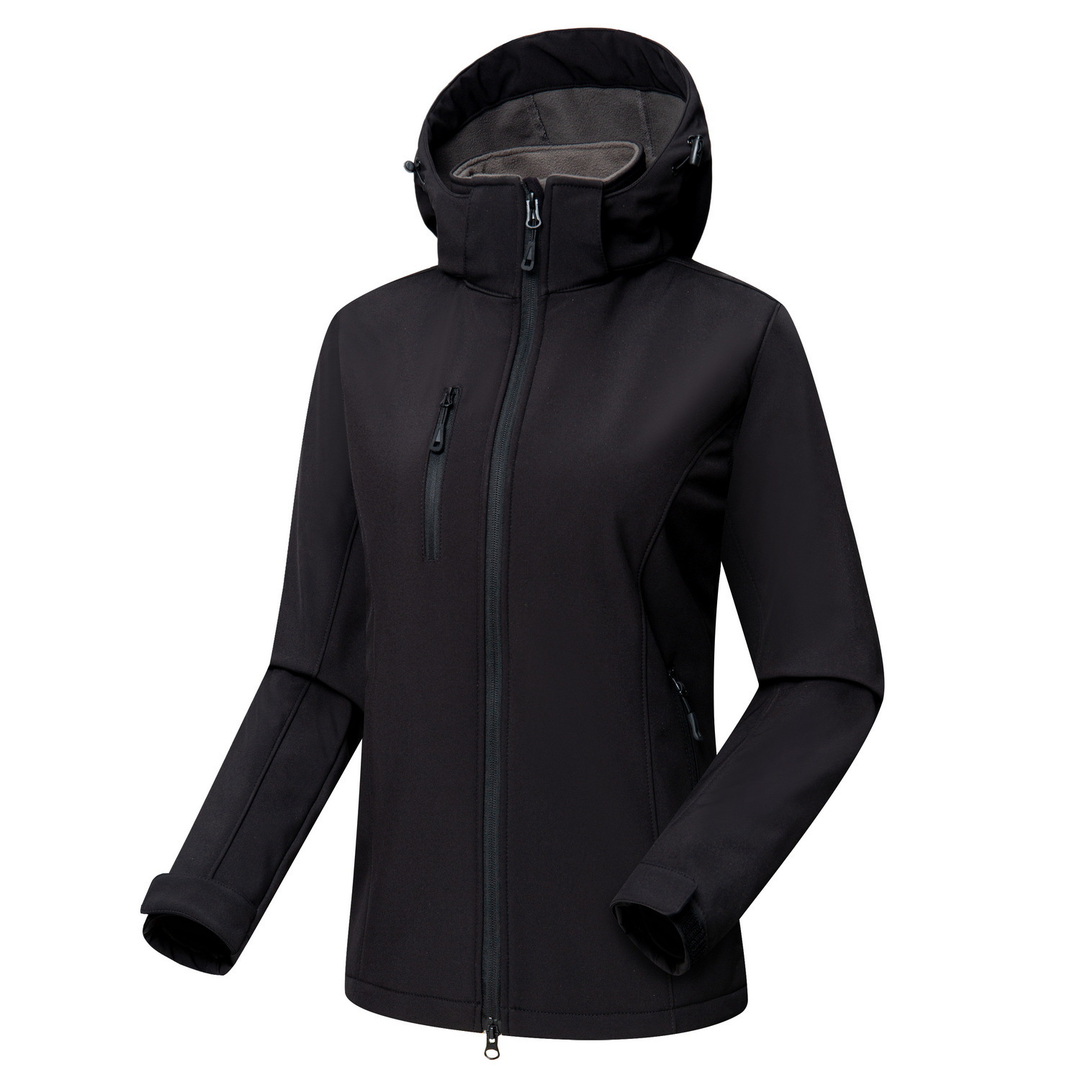 Vielseitige Damen Softshelljacke mit Kapuze, windabweisend und komfortabel. Perfekt für Outdoor und Alltag im Herbst/Frühling.