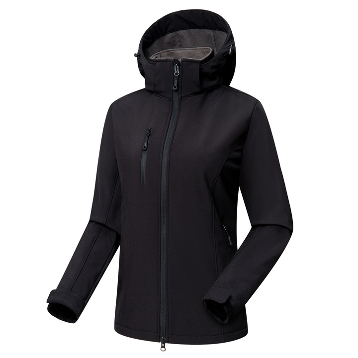 Vielseitige Damen Softshelljacke mit Kapuze, windabweisend und komfortabel. Perfekt für Outdoor und Alltag im Herbst/Frühling.