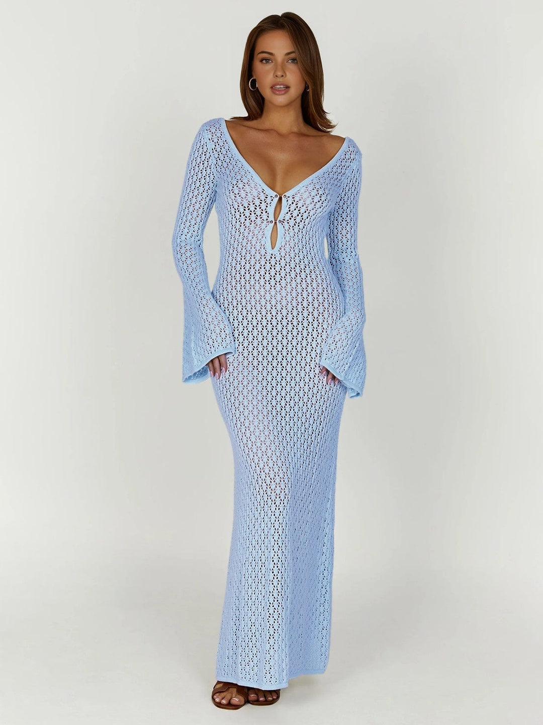 Damen Sommer-Maxikleid mit V-Ausschnitt, Glockenärmeln, elegant und bequem für jeden Anlass.