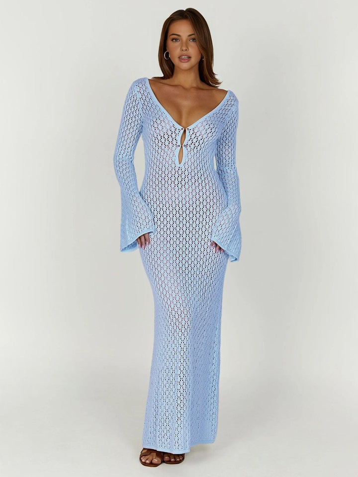 Damen Sommer-Maxikleid mit V-Ausschnitt, Glockenärmeln, elegant und bequem für jeden Anlass.