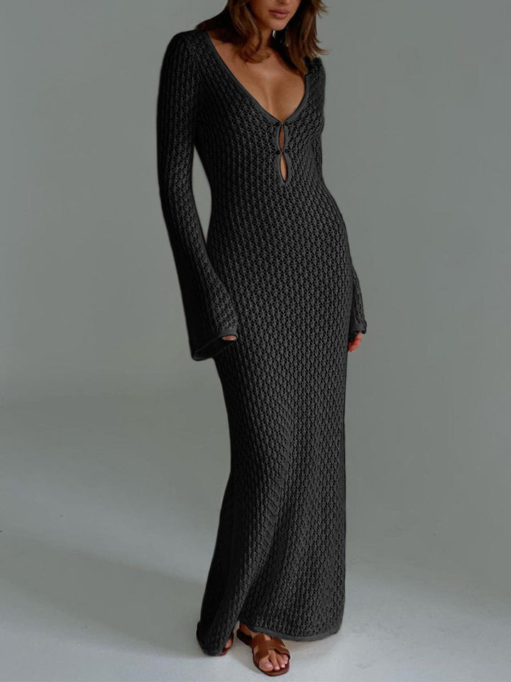 Boho Abendkleid für Damen, langes Sommerkleid mit V-Ausschnitt und fließenden Glockenärmeln.