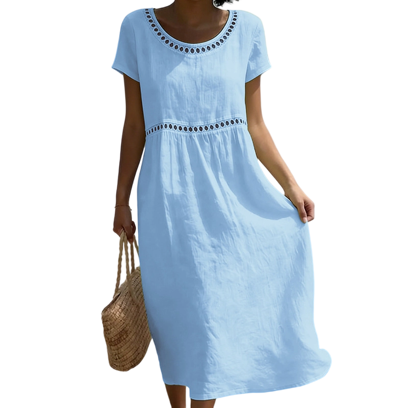 Damen Frühling/Sommer Midikleid mit zartem Spitzenbesatz, Kurzarm & A-Linie für einen eleganten Look.