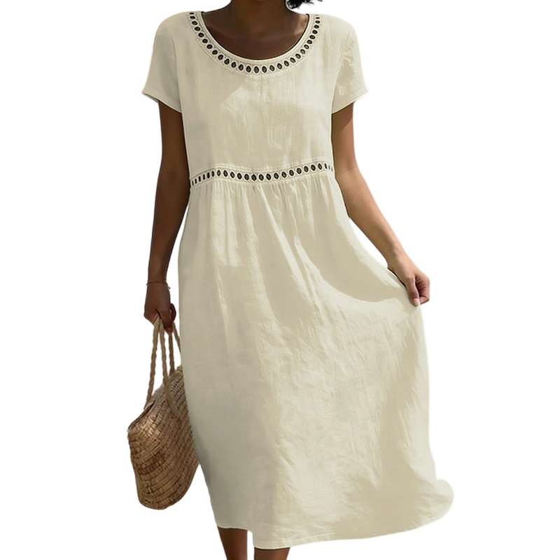 Model trägt stilvolles Damen Sommer Midikleid mit Spitzenbesatz und schmeichelhafter A-Linie, Rundhals.