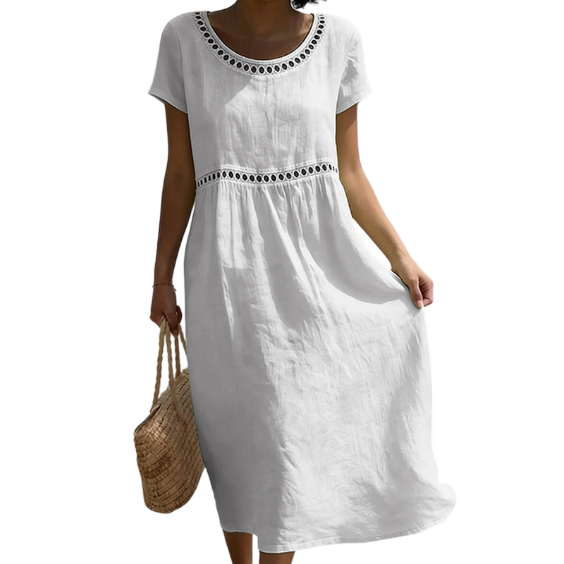 Elegantes Damen Sommer Midikleid mit Spitzenbesatz, A-Linie, Rundhals & Kurzarm für Freizeit und Urlaub.