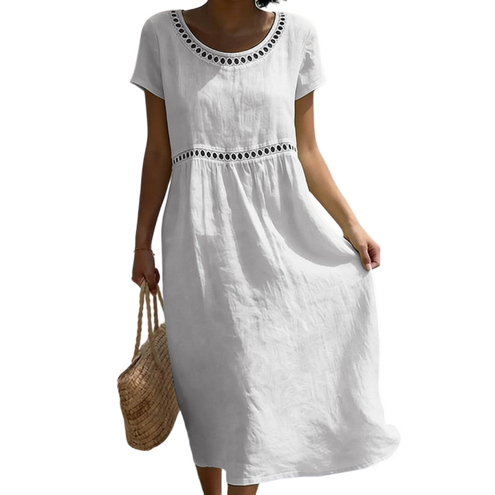 Elegantes Damen Sommer Midikleid mit Spitzenbesatz, A-Linie, Rundhals & Kurzarm für Freizeit und Urlaub.