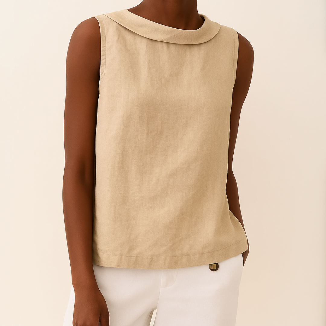 Modernes, minimalistisches Damen Sommer Top mit Rollkragen. Vielseitig für Casual und Business.