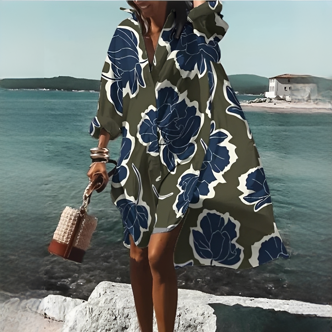 Elegantes Damen Freizeitkleid, knielang, mit V-Ausschnitt & einzigartigem geometrischen Print. Ideal für jede Figur.
