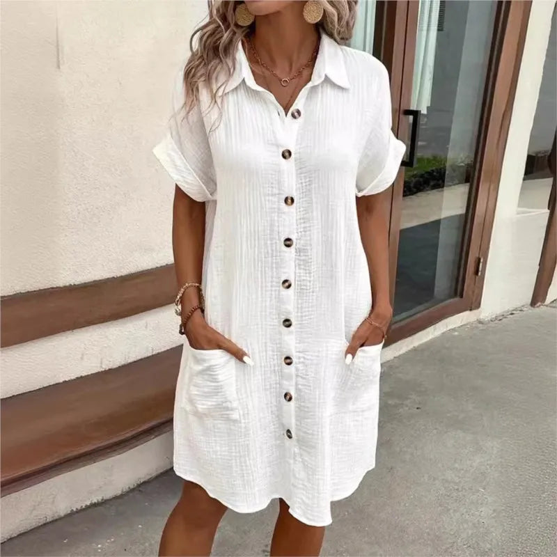 Elegantes Damen Sommerkleid, luftig & fließend, ideal für Freizeit & Urlaub. Knielanges Rundhalskleid.