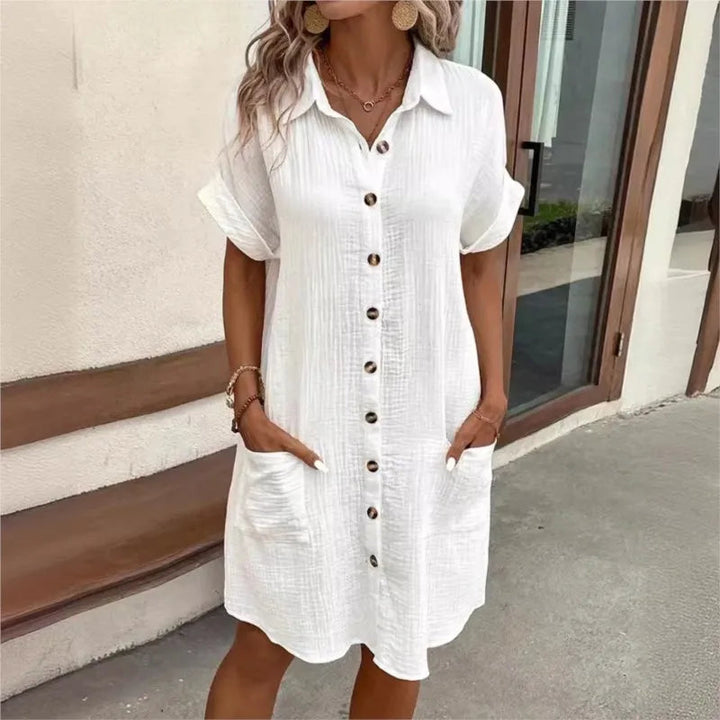 Elegantes Damen Sommerkleid, luftig & fließend, ideal für Freizeit & Urlaub. Knielanges Rundhalskleid.