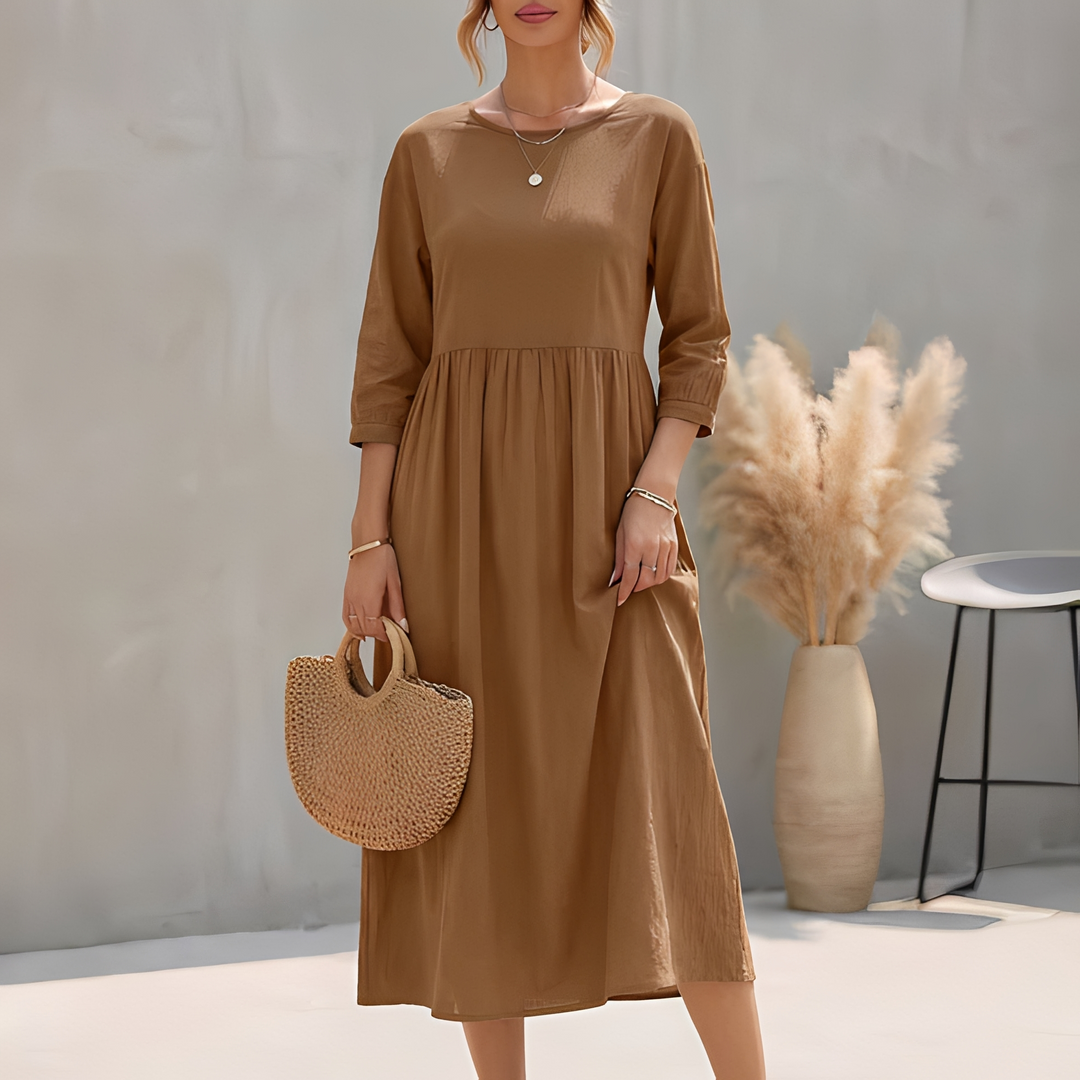 Elegantes Damen Sommerkleid in A-Linie, knielang, mit praktischen Seitentaschen und schmeichelnder Empire-Taille.