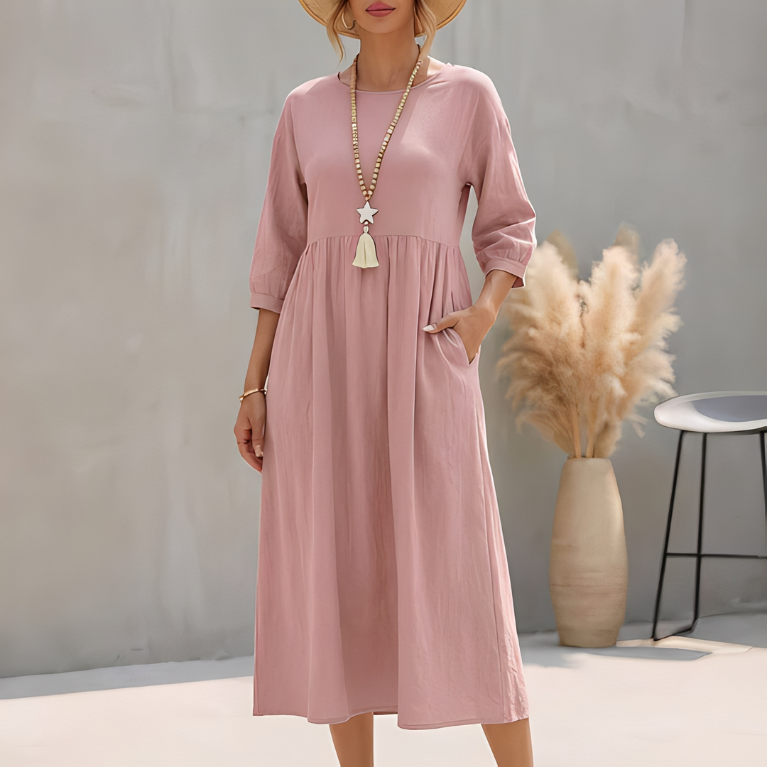 Damen Midikleid mit eleganter Empire-Taille und bequemen 3/4-Ärmeln, perfekt für Sommer & Freizeit.