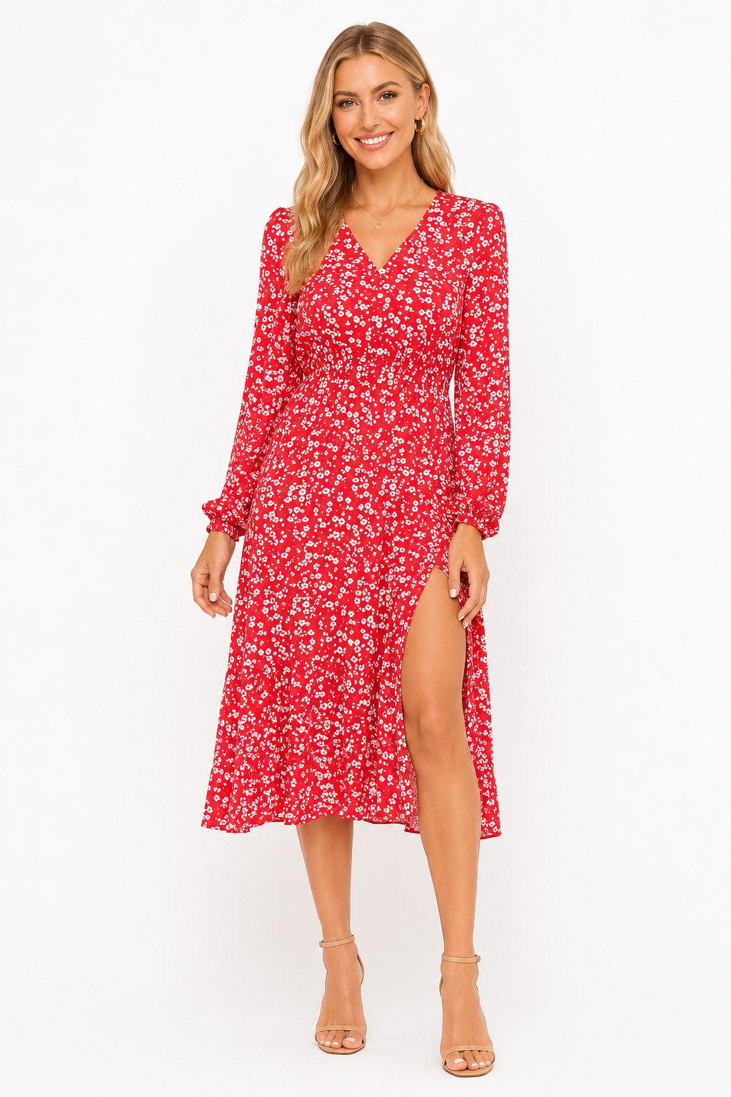 Rotes Damen Sommer Maxikleid mit Blumenprint, A-Linie, Kragen & 3/4 Ärmeln. Perfekt für Freizeit & elegant.