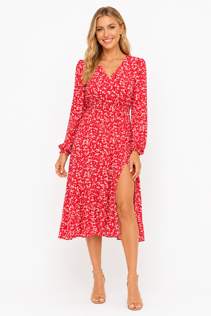 Rotes Damen Sommer Maxikleid mit Blumenprint, A-Linie, Kragen & 3/4 Ärmeln. Perfekt für Freizeit & elegant.
