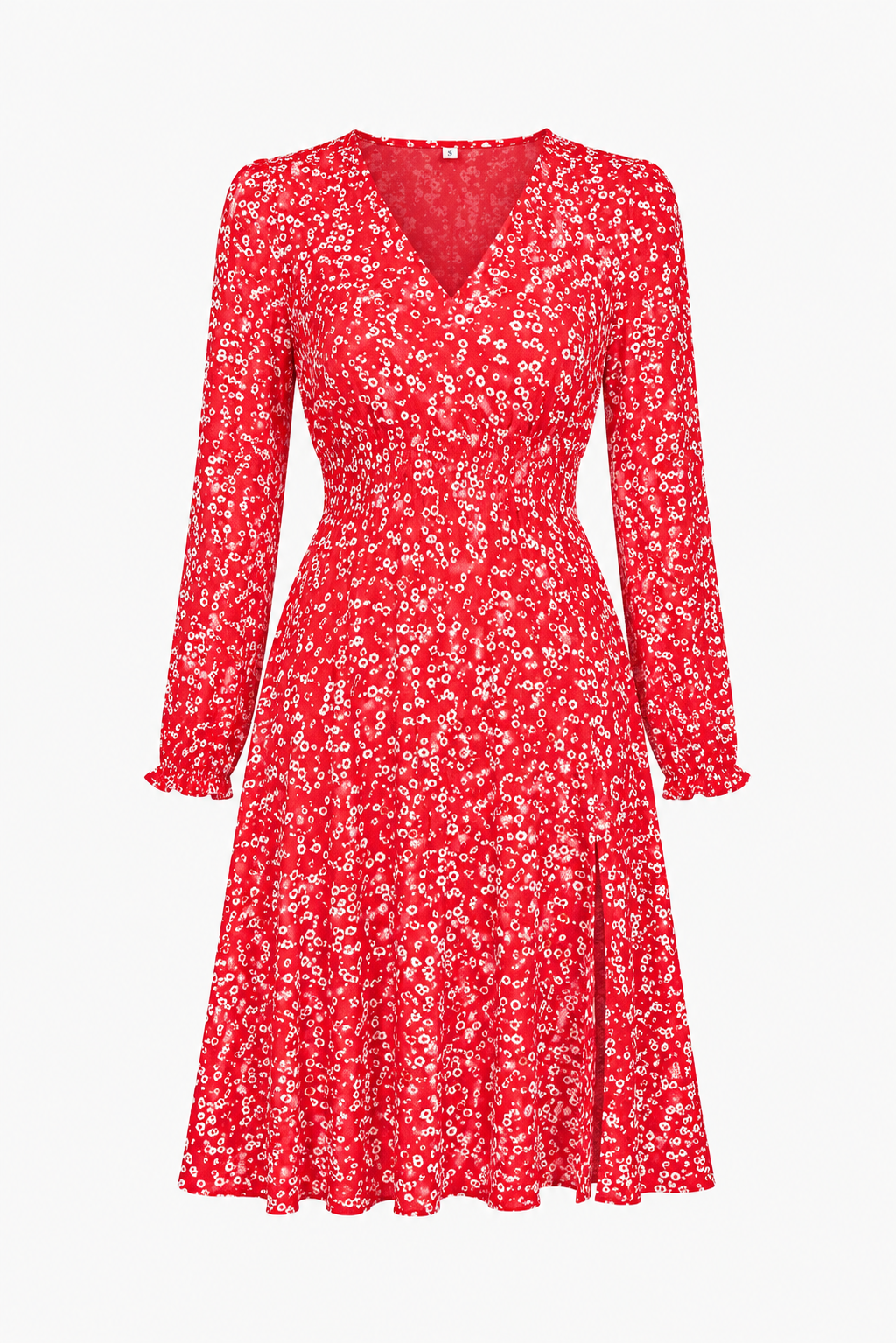 Elegantes rotes Maxikleid für Damen. Sommerliches Blumenmuster, A-Linien-Schnitt mit Kragen & 3/4 Ärmeln.